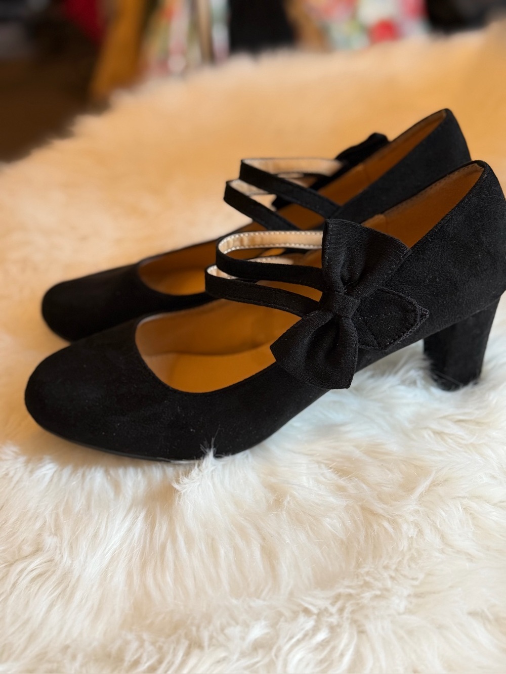 Black Suede Mary Jane Heels with Bow Accent